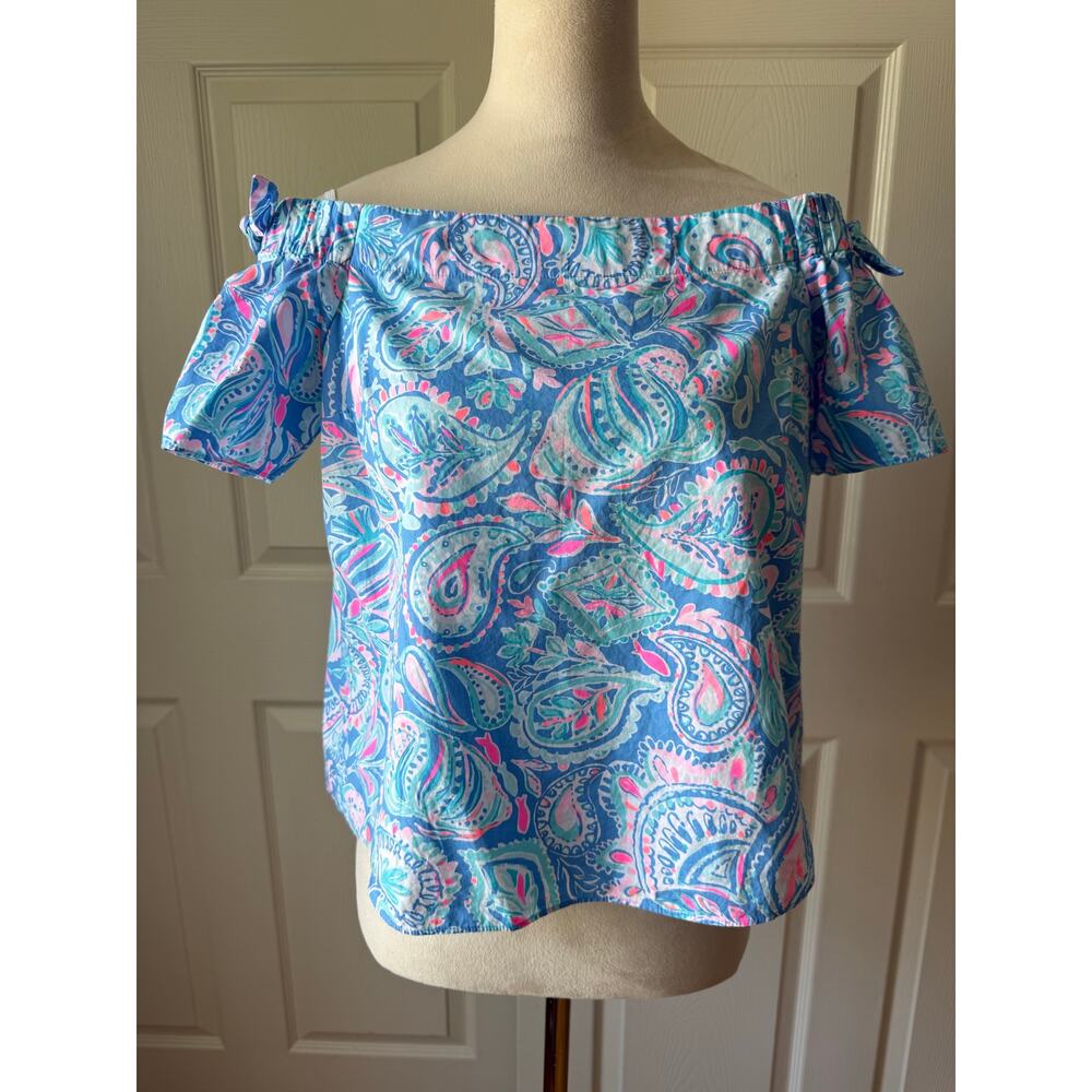 Lilly Pulitzer Off Shoulder Paisley Crop Top Blue Pink Size S Coastal Cottage